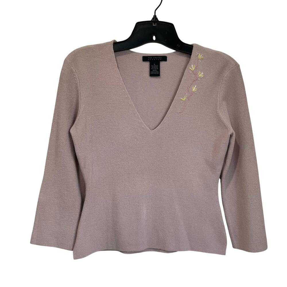 The Limited Y2K Lilac Embroidered Knit V-Neck Sweater Top Size Large